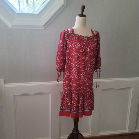 Red & Blue Shoulder Dress with Ruffle Hemline - Picture 1 of 7